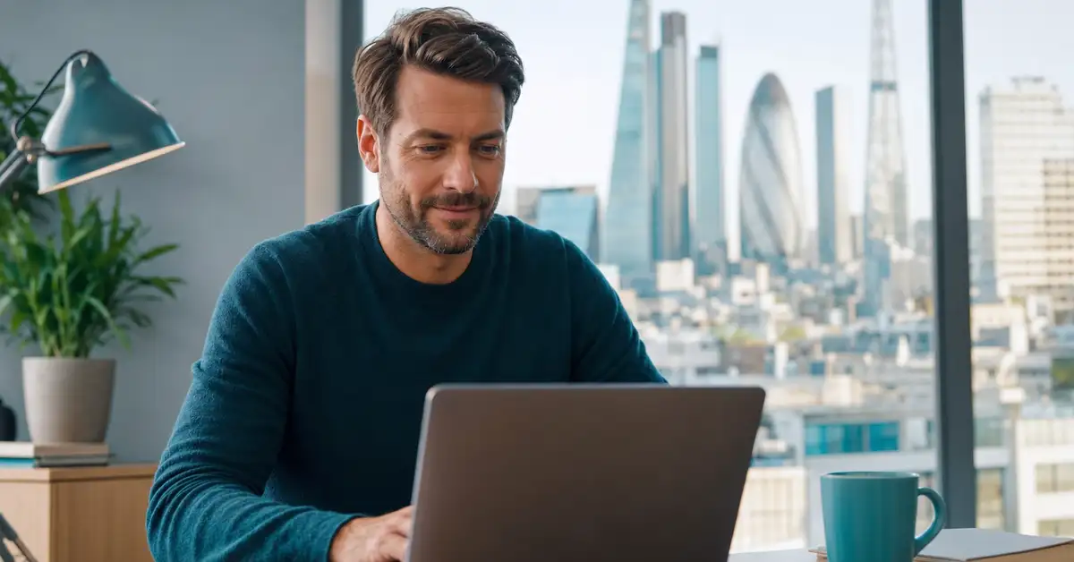 A relaxed small-business owner reviewing up-to-date finances on a laptop in a bright, modern London office
