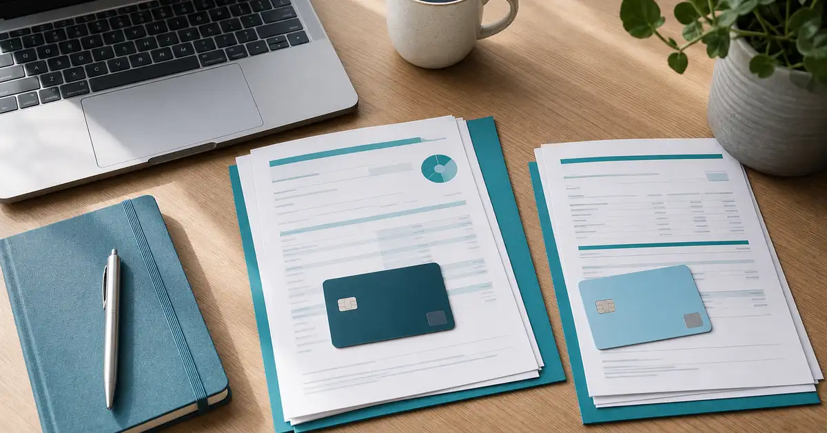A tidy desk with a dedicated business debit card and organised bank statements, illustrating separation of business and personal finances.