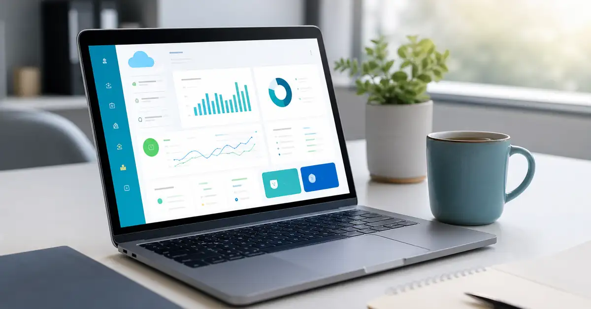A laptop on a tidy desk showing a cloud accounting dashboard, illustrating how automated bookkeeping keeps a small business's numbers up to date.