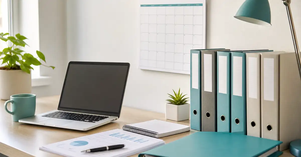 An organised desk with a calendar, laptop and labelled folders, illustrating digital record-keeping for Making Tax Digital.